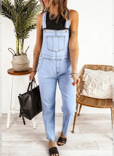 Vista 5 de luvamia - Overol de jeans para mujer, diseño casual, ajustable y elástico con pechera