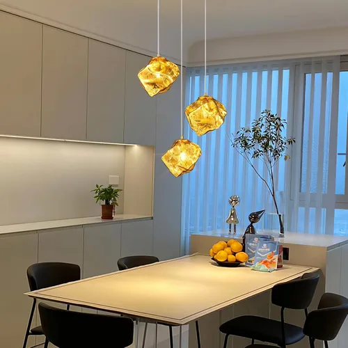 Vista 5 de Modernas luces colgantes doradas para isla de cocina, mini lámparas colgantes de vidrio, lámpara creativa de imitación irregular con forma de piedra