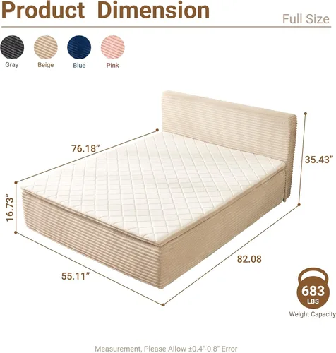 Vista 9 de Base de cama matrimonial sin hueso con cabecera de colchón, cama sin Beige
