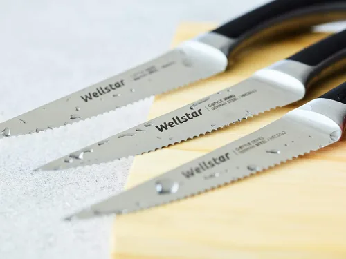 Vista 3 de WELLSTAR Juego de 4 cuchillos para carne, hoja dentada de acero inoxidable alemán resistente a la corrosión, mango ergonómico de espiga completa