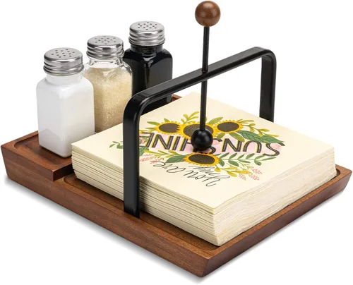 Vista 8 de ALLCENER Servilletero de madera para mesa, decoración rústica de cocina para mostrador, servilletero plano de cóctel con brazo y asa ponderados