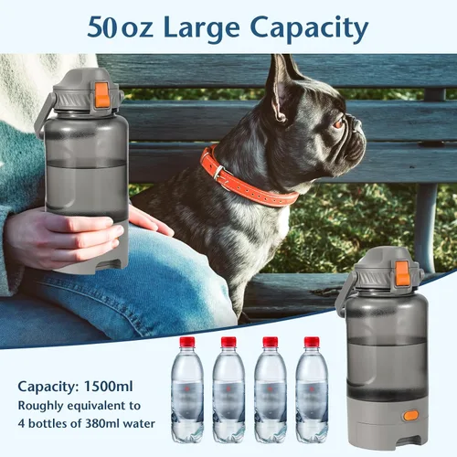 Vista 5 de Botella de agua para perros al aire libre, 50 onzas, a prueba de fugas, dispensador de agua portátil para mascotas con asa para viajes, senderismo