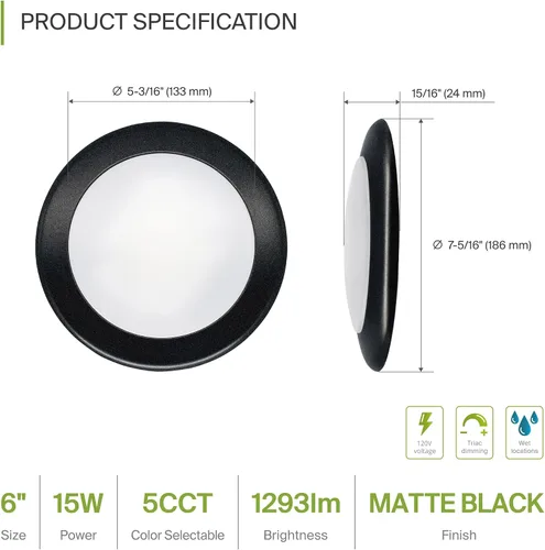 Vista 2 de ASD 1 paquete de luces LED de disco de 6 pulgadas, 15W 5CCT 2700K-5000K 1245LM CRI90+, luminaria de techo regulable de montaje empotrado, luces