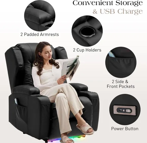 Vista 6 de Sillas reclinables eléctricas para adultos con masaje y calor, silla reclinable individual de piel sintética, sofá reclinable reclinable para cine