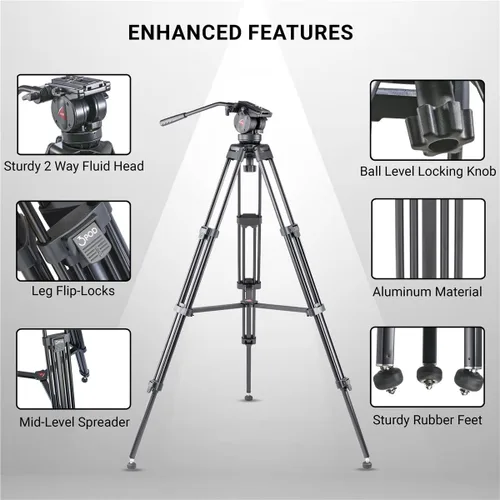 Vista 3 de 3Pod V3AH - Trípode de video de aluminio de 3 secciones para cámara, trípode profesional para cámara con cabezal fluido de 2 vías, esparcidor