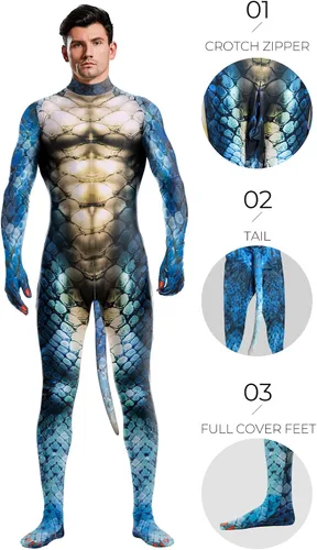Vista 60 de Disfraz de animal para hombre con estampado de cola grande, overol peludo de elastano para cosplay, fiesta de Halloween