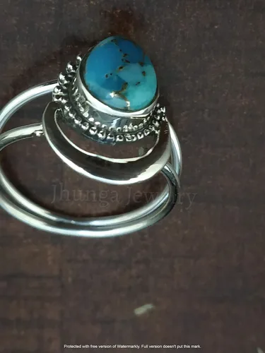 Vista 4 de Anillo azul de cobre turquesa, plata de ley 925, anillo en forma de media luna, anillo de dos bandas, Boho Chic, joyería de boda de promesa, anillo
