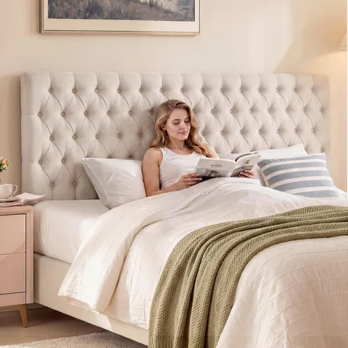 Vista 22 de Kingfun Cabecera capitonada tapizada para cama de tamaño completo con diseño moderno de botones, cabecera ajustable de madera maciza, cabeceros Rosa