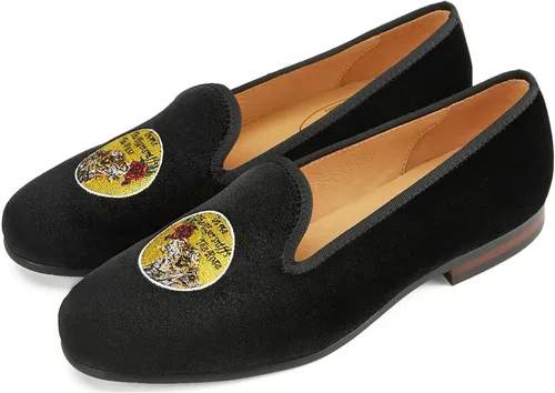 Vista 2 de Journey West Mocasines de terciopelo para hombre, mocasines bordados, mocasines de esmoquin, zapatos de vestir para fumar para hombre, Tigre y rosa