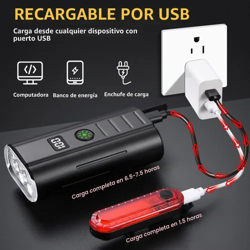 Vista 6 de Yosky Luces de bicicleta de 2000 lúmenes para conducción nocturna EVO 6800mAh 6 LED Faros y luces traseras de bicicleta recargable delantera