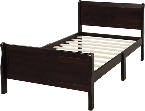 Vista 4 de Knocbel Base de cama de plataforma de madera con cabecera y estribo de trineo, capacidad de 200 libras, tamaño individual (espresso)