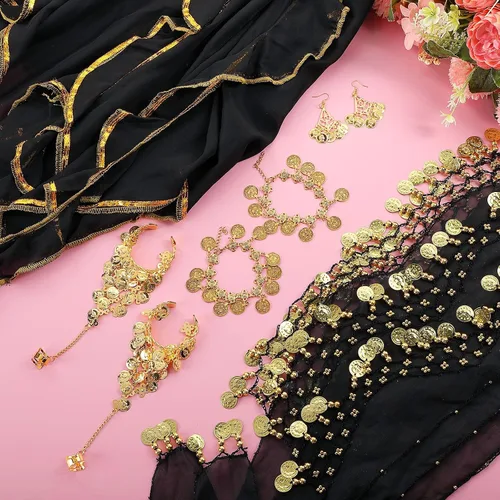 Vista 26 de Haysandy Conjunto de 8 piezas de danza del vientre para mujer, falda de danza del vientre, bufanda de cadera, 2 pulseras, aretes, pulsera de tobillo