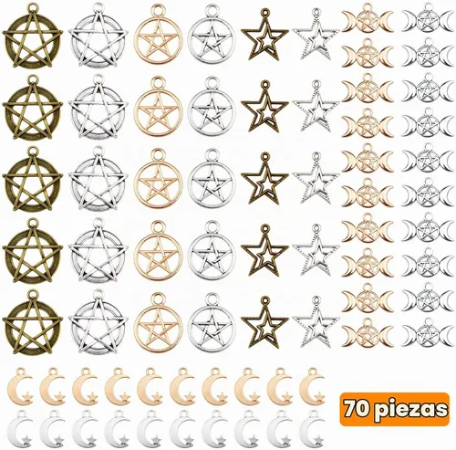 Vista 2 de 70 dijes mixtos de estrella de pentáculo, luna, pentagrama, bruja, colgantes, protección de aleación vintage, dijes de la suerte para bricolaje
