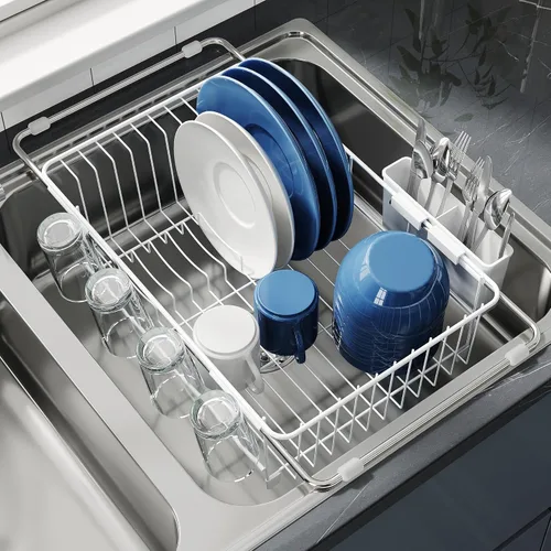 Vista 11 de JASIWAY - Escurridor de platos para fregadero, colador de acero inoxidable con asas de goma extensibles para verduras, frutas, artículos esenciales