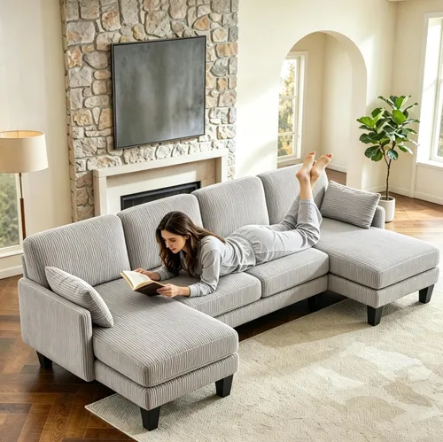 Vista 11 de VINGLI Sofá modular de 110 pulgadas para sala de estar, sofá en forma de U con diván doble, juego de sofá de 4 asientos con tela de felpilla