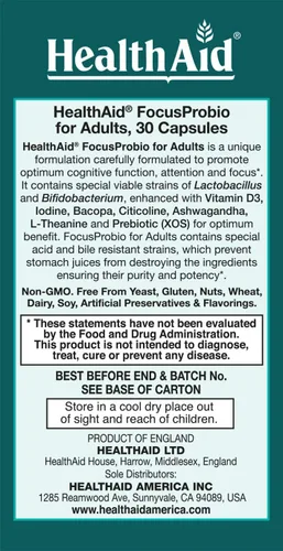 Vista 3 de HealthAid AdultFocus Probio 10 mil millones de UFC con prebiótico, apoyo cognitivo, una vez al día, contiene vitamina D3, Ashwagandha y yodo, cepas