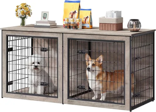 Vista 8 de HOOBRO Mueble de jaula para perros para 2 perros, mueble grande de 63 pulgadas para jaulas dobles con divisor, soporte de madera para interiores