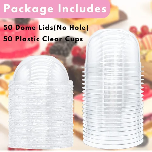 Vista 3 de Alaeseje 50 paquetes de vasos de plástico transparente de 9 onzas con tapas de cúpula, vasos desechables para postres y fiestas (sin agujero), vasos