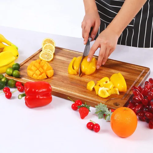 Vista 4 de Caperci Better Tabla de cortar grande de madera de acacia para cocina, tabla de cortar con ranura para jugo y agujero de mango para carne