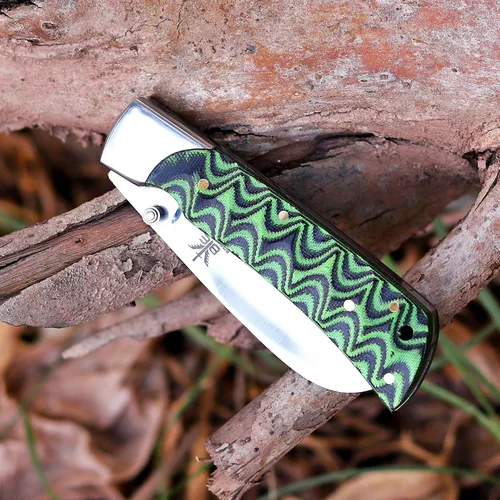 Vista 9 de Hawkbill, navaja plegable de bolsillo con hoja de acero curva, herramientas para electricistas, mango G10 negro y verde.