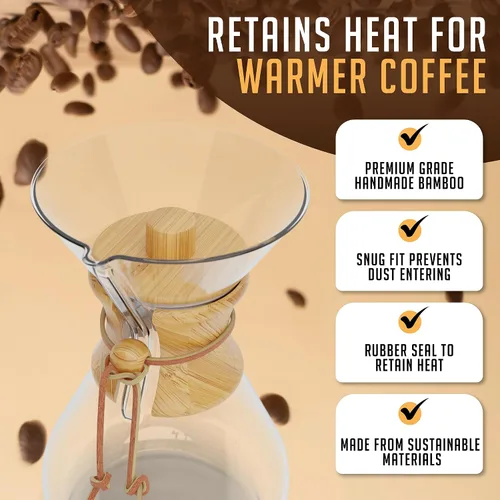 Vista 4 de HEXNUB - Tapa de retención de calor de bambú para cafetera Chemex Accesorio para jarra para cafeteras Bodum y Cosori, mantiene el café caliente
