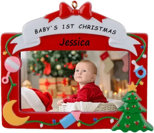 Vista 7 de MAXORA Adorno de la primera Navidad del bebé 2025 - Adorno de fotografía de Navidad personalizado en marco rosa - Regalos personalizados para nietos