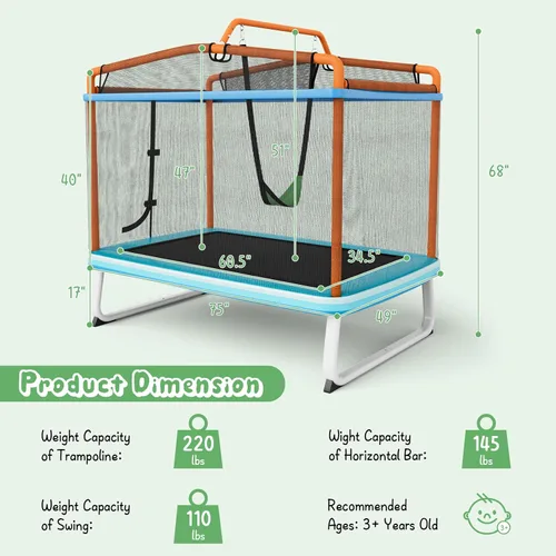Vista 6 de Giantex - Cama elástica de 6 pies rectangular con columpio, cama elástica mini para niños aprobada por ASTM con red, barra horizontal, cierres