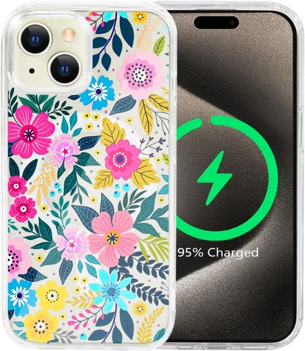 Vista 10 de Funda magnética de flores para iPhone 15 [compatible con MagSafe] Bonito patrón floral transparente a prueba de golpes