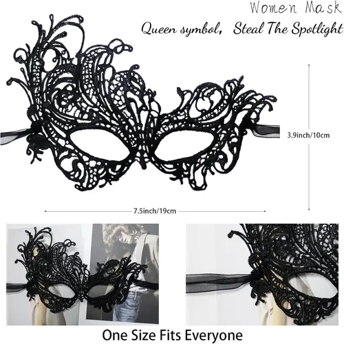 Vista 3 de Máscara de encaje para mujer, máscaras venecianas para fiesta de máscaras, fiesta de disfraces, Halloween, carnaval, apta para adultos, suave y negro