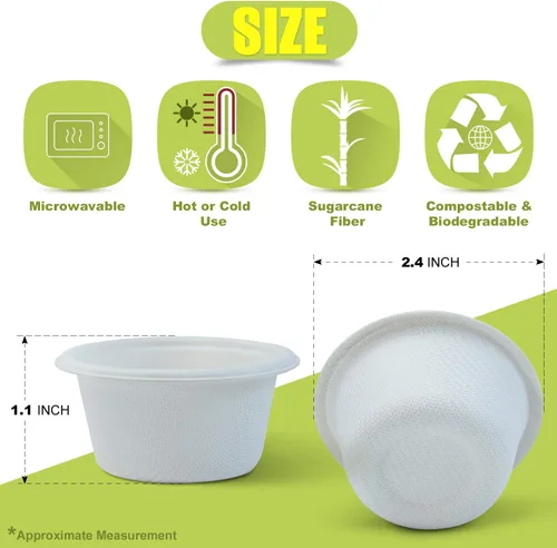 Vista 6 de Green Earth, Vasos compostables de bagazo de 2 onzas, material de fibra de caña de azúcar biodegradable, blanco, paquete de 50 Biodegradable