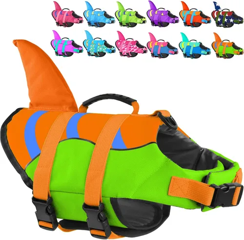 Vista 29 de Chaleco salvavidas para perros de Fragralley Shark, chaleco salvavidas ajustable para perros con aleta de tiburón, adecuado para perros pequeños