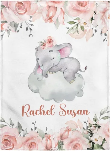 Vista 4 de Mantas de bebé personalizadas para niñas, mantas personalizadas, manta de elefante floral, niña, recién nacido, vellón, sherpa, tamaño King