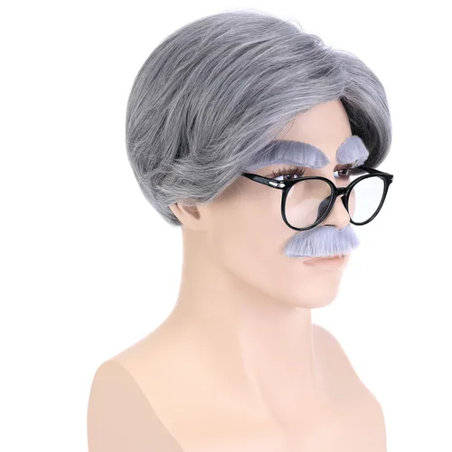 Vista 4 de Peluca gris de anciano con juego de cosplay para el día 100 de escuela, para hombres y niños, disfraz de anciano de Halloween (tamaño adulto, gris)