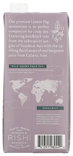 Vista 4 de Rishi Tea Concentrado de Bebida London Fog - Certificado Orgánico USDA, Té Negro y Bergamota, Incremento de Energía - Caja de 32 fl oz, 8 Porciones