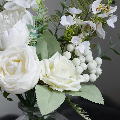 Vista 4 de Anna's Whimsy Flores artificiales con jarrón, rosas blancas, peonías de seda en jarrón, centros de mesa de imitación florales para arreglos de mesa