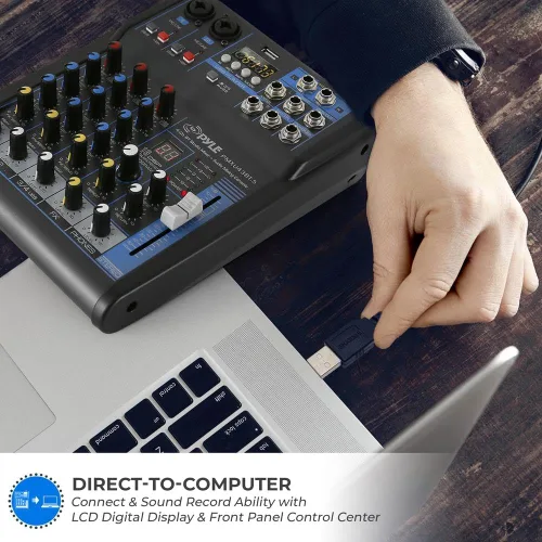 Vista 5 de Pyle Mezclador de audio profesional Placa de sonido Interfaz de sistema de consola de 4 canales USB digital Bluetooth MP3 Entrada de computadora 48V