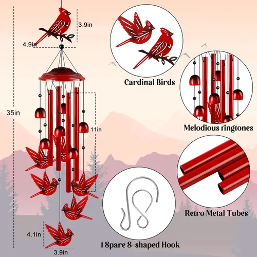 Vista 5 de YHmall Campanillas de viento cardenales para exteriores, regalos cardenales para mujeres, tonos relajantes, campanillas de viento conmemorativas