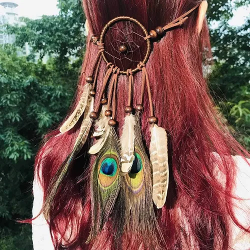 Vista 7 de Campsis Diadema de plumas de atrapasueños estilo bohemio indio con borlas para el cabello para mujeres y niñas
