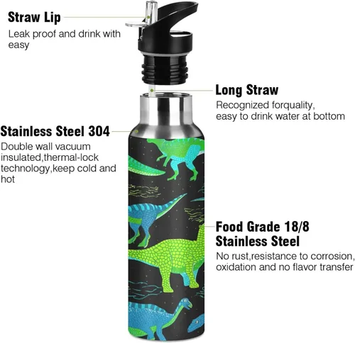 Vista 3 de Botella de agua de acero inoxidable de 32 onzas, botellas de agua a prueba de fugas para gimnasio, viajes al aire libre, escuela, dinosaurios