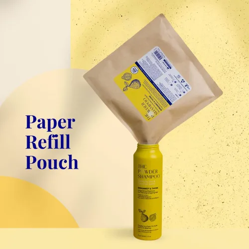 Vista 6 de Champú vigorizante en polvo espumoso para adelgazar el cabello, 20 lavados, vegano, ecológico, bergamota, tomillo, mini botella de aluminio de 0.7