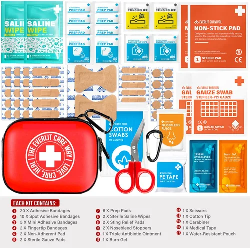 Vista 5 de EVERLIT CARE MiniAid Kit de primeros auxilios Estuche compacto y liviano con mosquetones para viajes Apto para familias y niños, 180 piezas