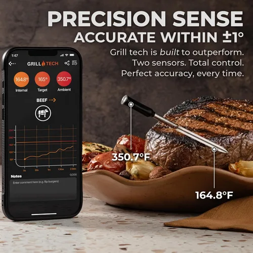 Vista 3 de Grill Tech - Termómetro inalámbrico inteligente Bluetooth para carne para asar y ahumar, precisión de precisión, rango de 950 pies, funda recargable