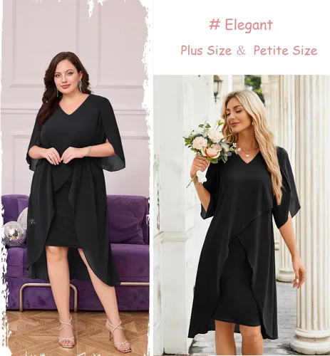 Vista 2 de Hanna Nikole Vestido de cóctel de gasa para mujer, talla grande, con volantes, manga 34, vestidos de fiesta de invitados de boda con dobladillo alto