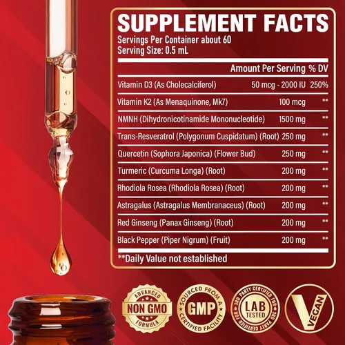 Vista 2 de Satoomi Gotas líquidas NMNH 10 en 1, vitalidad general, NMNH, quercetina, trans-resveratrol, vitamina D3, K2 y 5 más - 1 onza líquida - 60 porciones