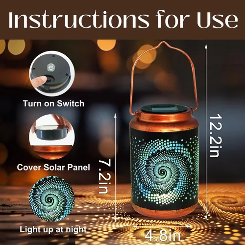 Vista 3 de Linternas solares para colgar al aire libre, linterna LED impermeable de metal con energía solar, decoración de patio, linterna con asa, idea