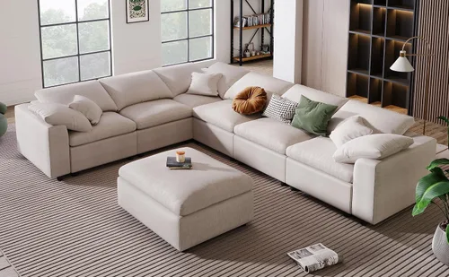 Vista 2 de Sofá modular de gran tamaño con otomana, lujoso juego de sofá modular en forma de L, sofá modular reversible de 7 plazas para sala de estar y beige