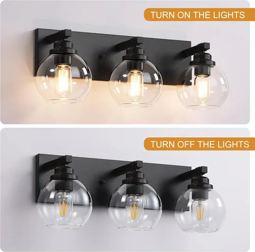 Vista 7 de LmnLvn Lámparas de baño, 3 luces de tocador de color negro mate, modernas lámparas de baño sobre espejo, luces de tocador de granja con pantalla