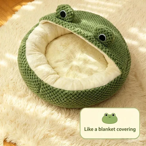 Vista 4 de Cama para gatos con capucha y diseño de rana, lavable para mascotas