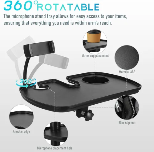 Vista 3 de Toyvian Bandeja universal para micrófono con soporte para bebidas, soporte de micrófono ajustable, soporte de teléfono para transmisión en vivo