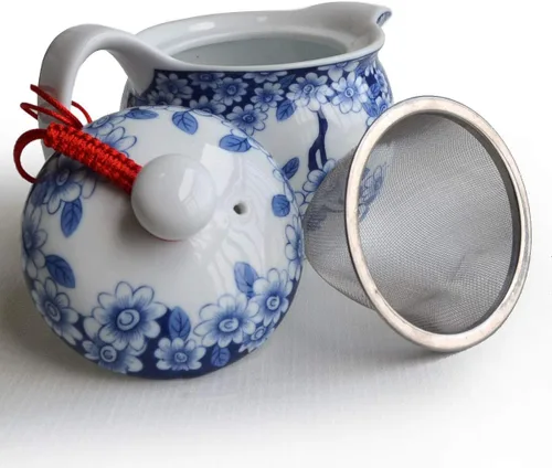 Vista 7 de Tetera pequeña de 12 onzas, tetera de porcelana azul y blanca con filtro de acero inoxidable para té suelto (flores de maceta embellecen)
